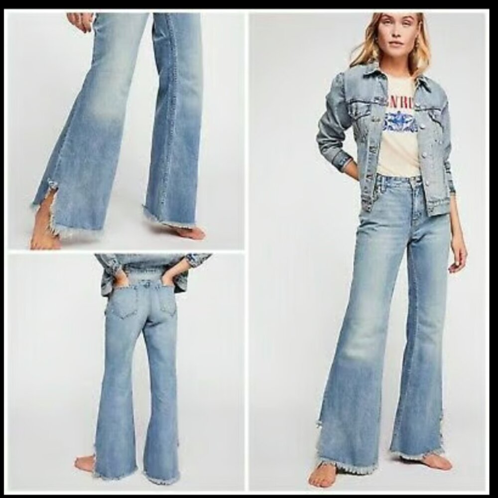 Free People Light Blue High-Rise Flared Wide-Leg Jeans